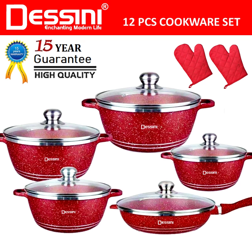 DESSINI ITALY 12 Pcs Casserole Die Cast Aluminium Non Stick Pot Bowl Fry Pan Cookware Tool with Cover